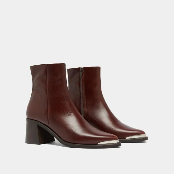 Women Heeled Boots With Golden Toe Cap Brown JONAK Ankle Boots Lowboots