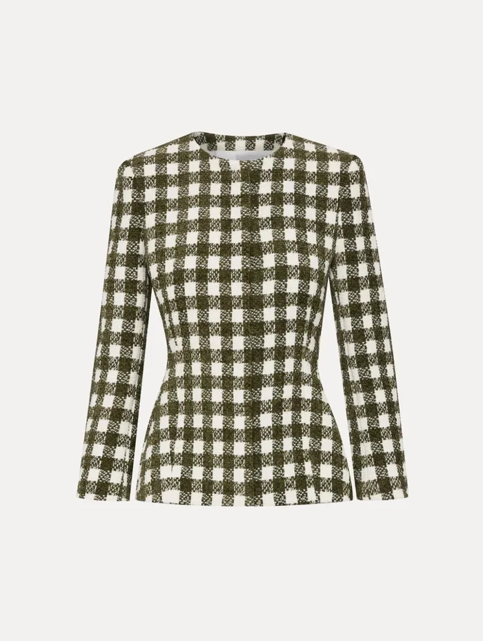Women Jackets and Coats Oscar De La Renta Chenille Check Tweed Jacket Ivory Olive