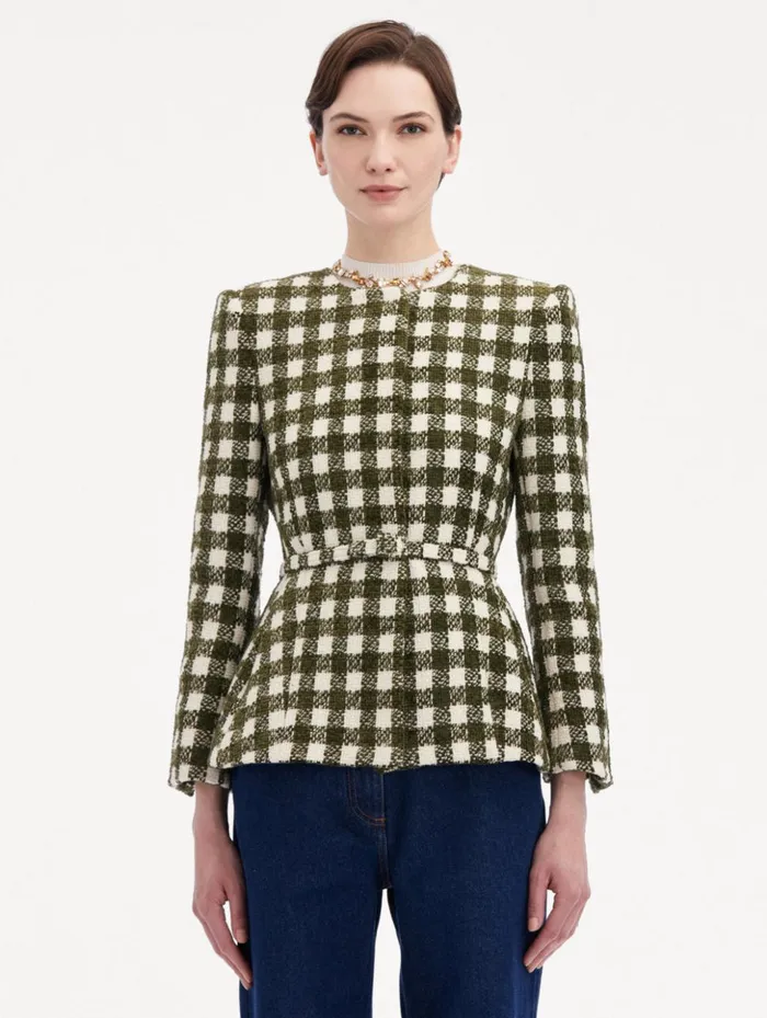Women Jackets and Coats Oscar De La Renta Chenille Check Tweed Jacket Ivory Olive