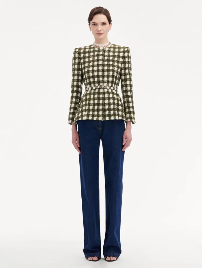 Women Jackets and Coats Oscar De La Renta Chenille Check Tweed Jacket Ivory Olive