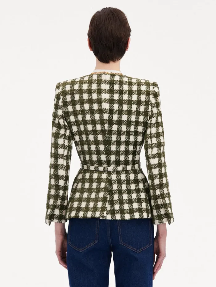 Women Jackets and Coats Oscar De La Renta Chenille Check Tweed Jacket Ivory Olive
