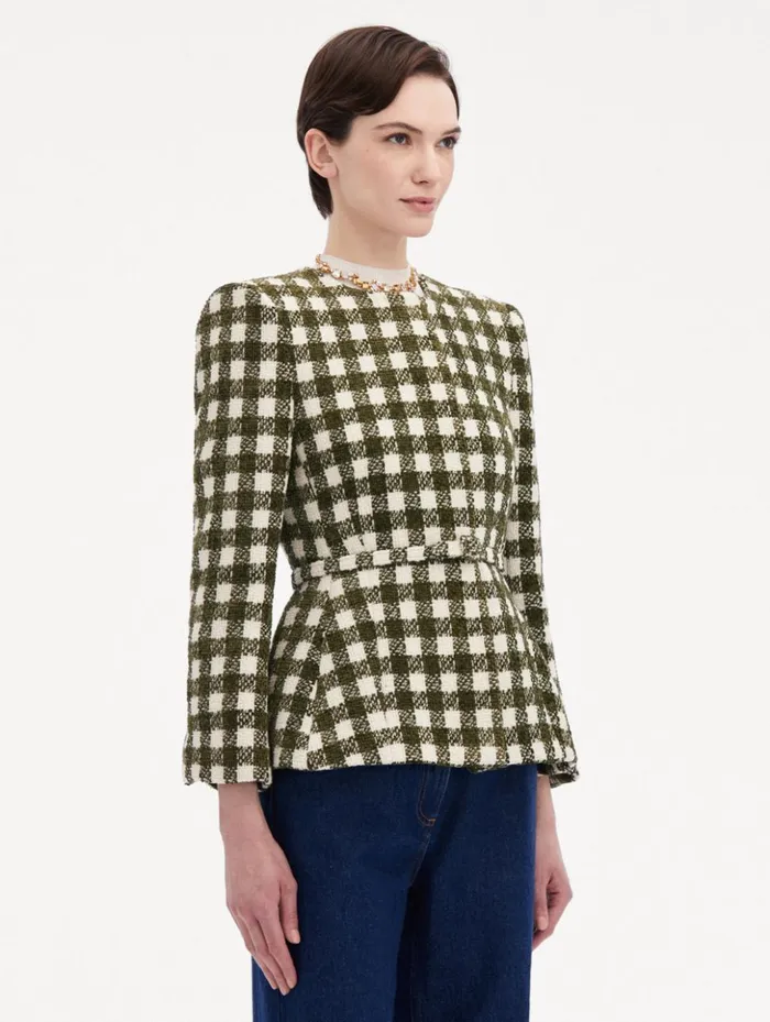 Women Jackets and Coats Oscar De La Renta Chenille Check Tweed Jacket Ivory Olive