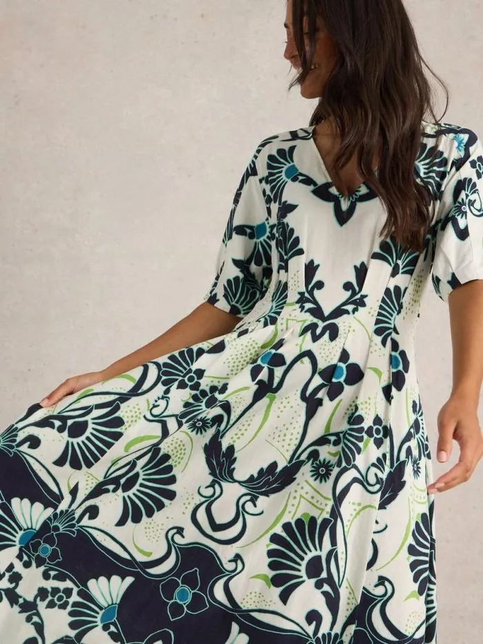 Women Kate Linen Blend Midi Dress Ivory Print White Stuff Dresses