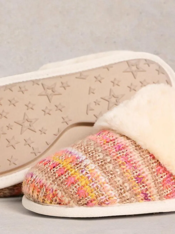 Women Knitted Mule Slippers Natural Multi White Stuff Nightwear