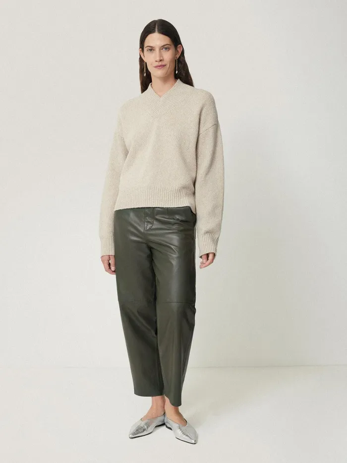Women Leather Barrel Leg Trouser Green Jigsaw Leather