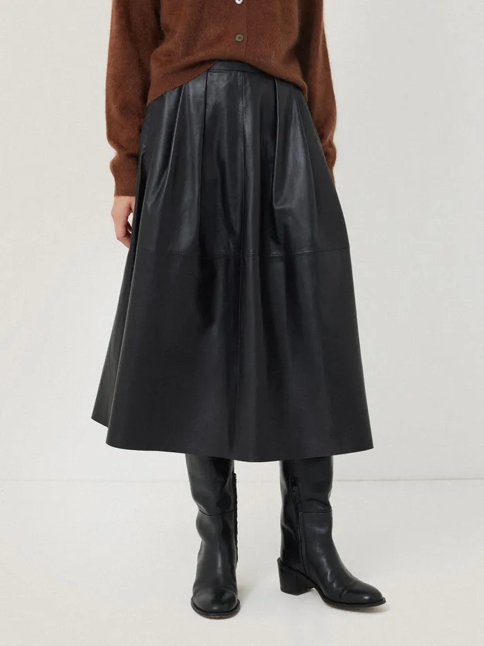 Women Leather Pleat Midi Skirt Black Jigsaw Skirts