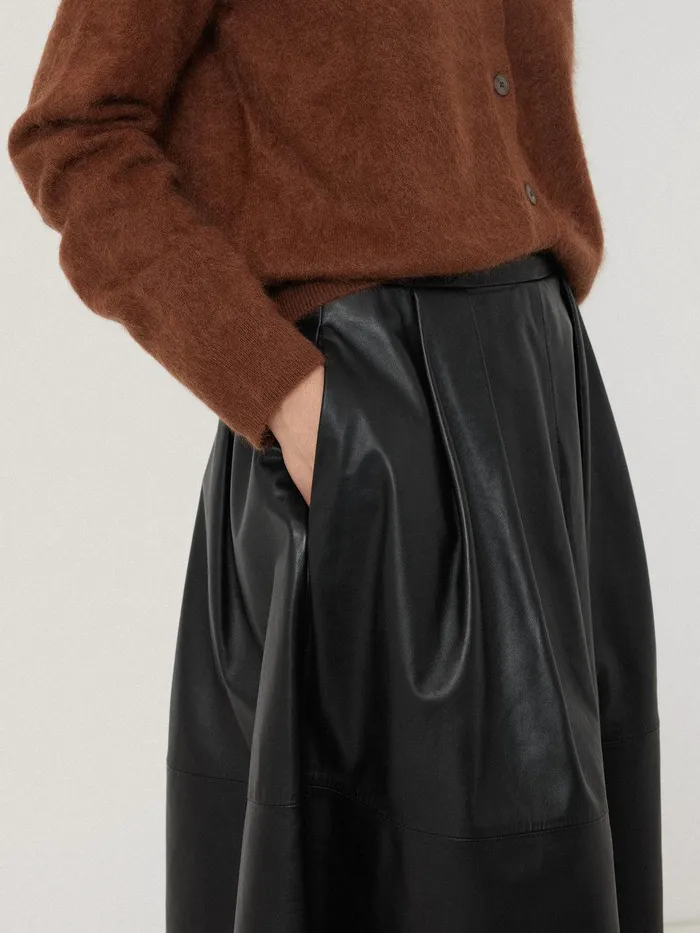 Women Leather Pleat Midi Skirt Black Jigsaw Skirts