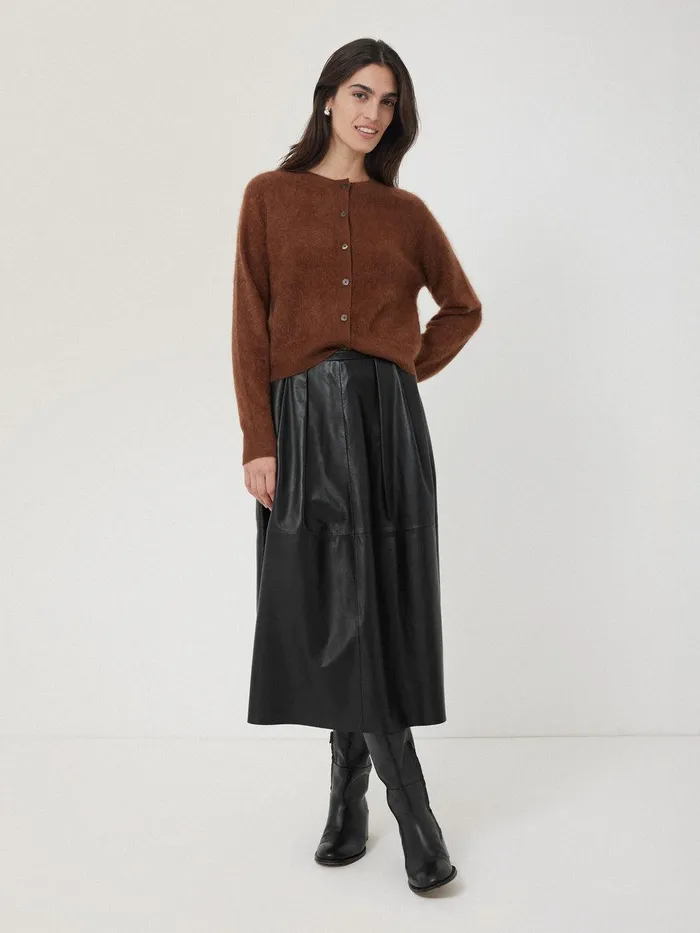 Women Leather Pleat Midi Skirt Black Jigsaw Skirts