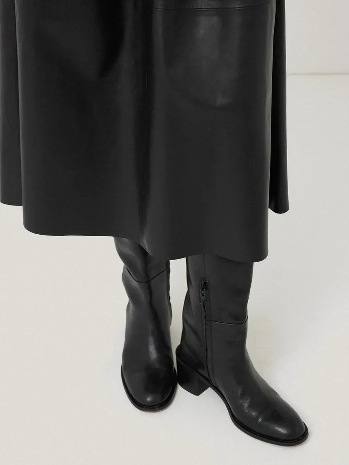 Women Leather Pleat Midi Skirt Black Jigsaw Skirts