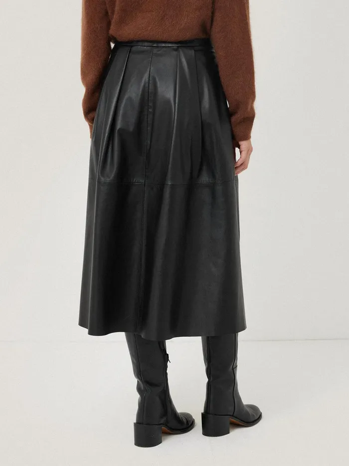 Women Leather Pleat Midi Skirt Black Jigsaw Skirts