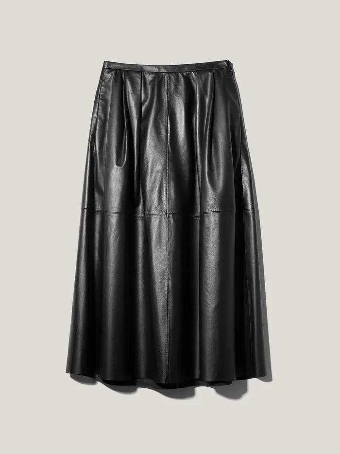 Women Leather Pleat Midi Skirt Black Jigsaw Skirts