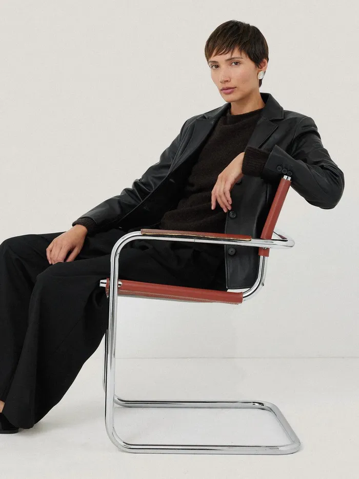 Women Leather Tailored Blazer Black Jigsaw Coats and Jackets