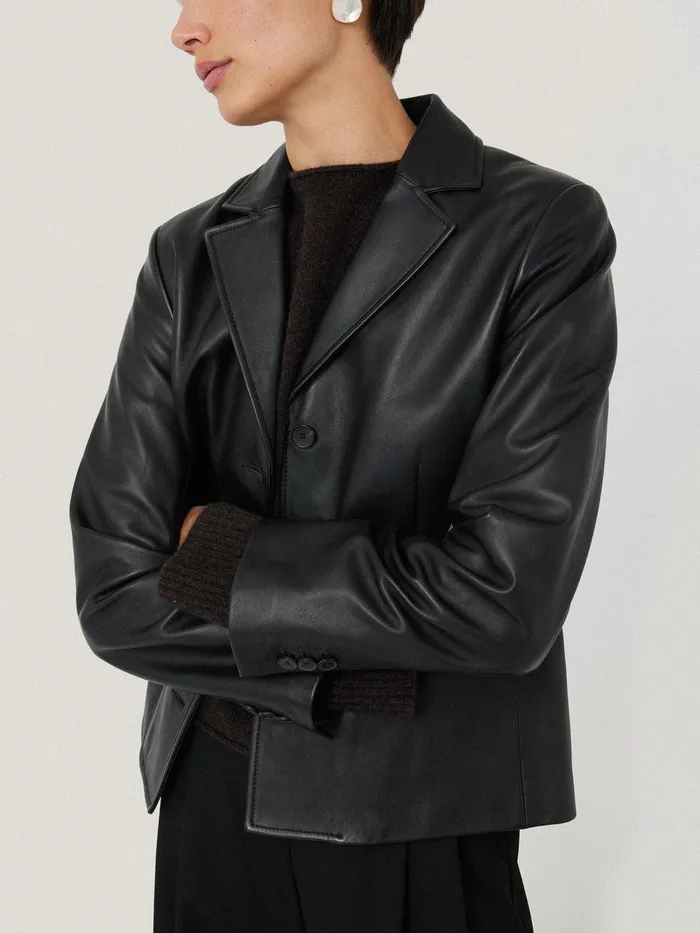 Women Leather Tailored Blazer Black Jigsaw Coats and Jackets