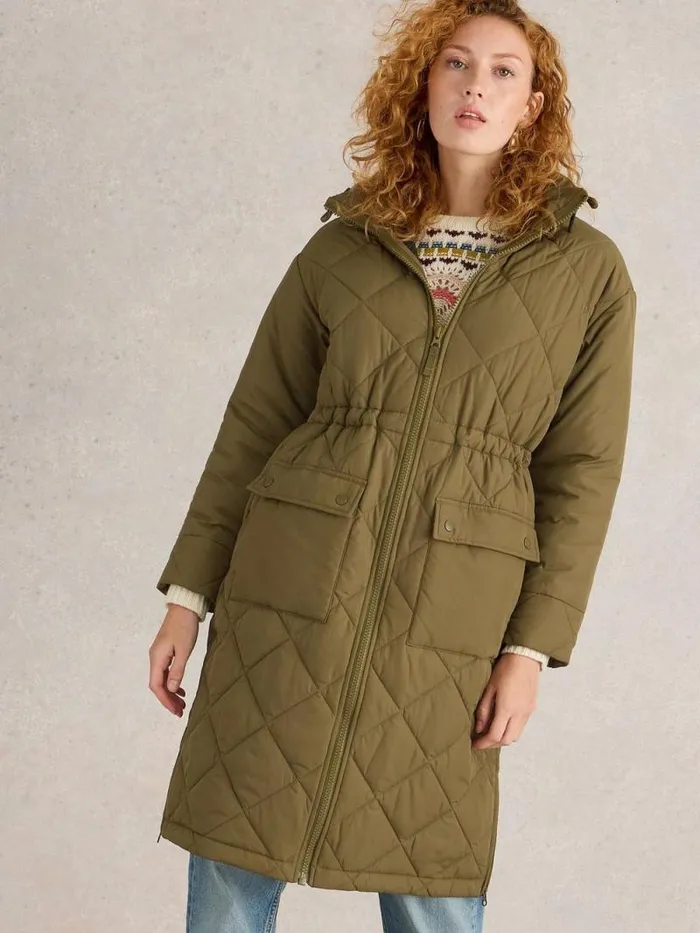 Women Lorena Quilted Coat Khaki Green White Stuff Coats and Jackets