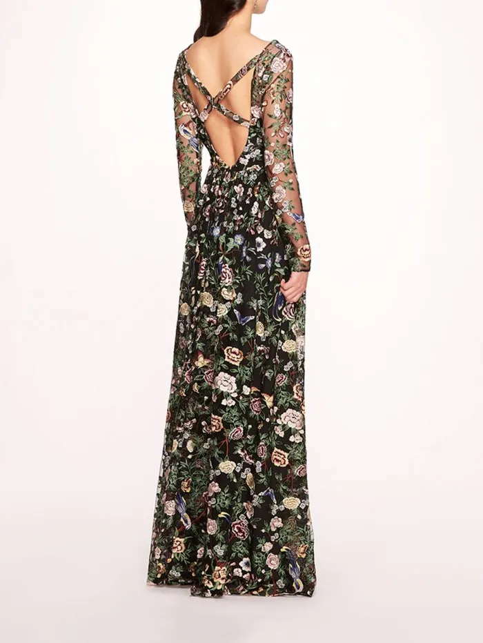 Women Marchesa Marchesa Notte Botanical Embroidered Gown Black Multi