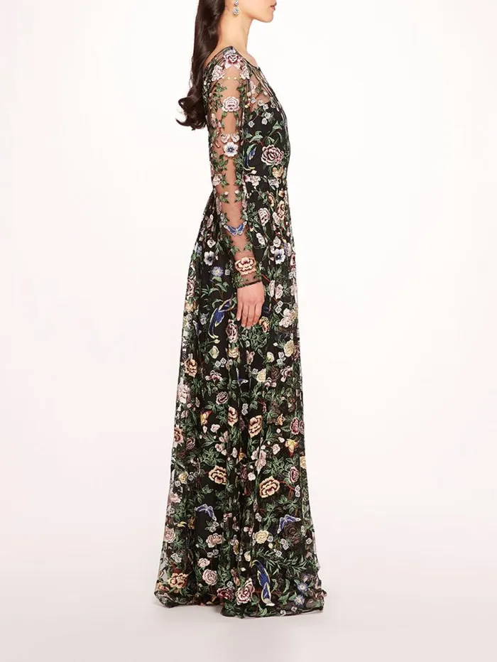 Women Marchesa Marchesa Notte Botanical Embroidered Gown Black Multi