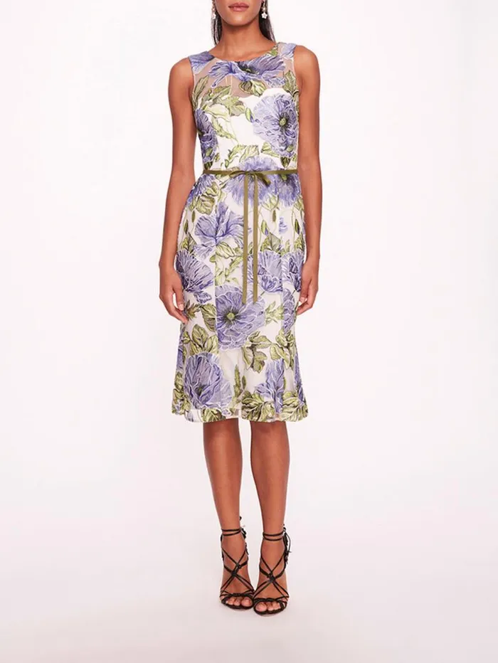 Women Marchesa Marchesa Notte Embroidered Midi Dress Blue White