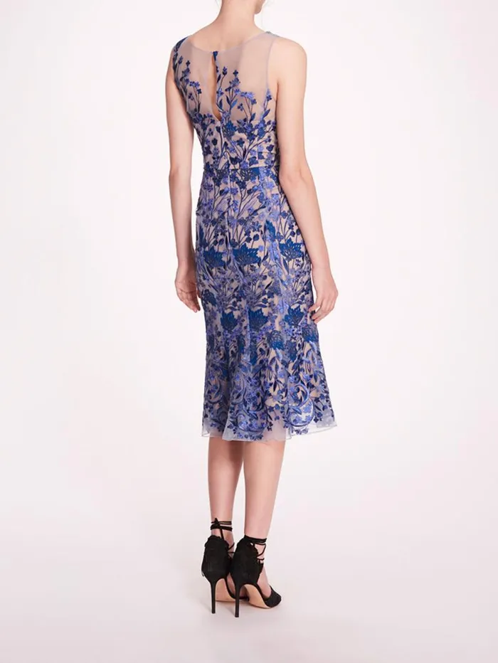 Women Marchesa Marchesa Notte Embroidered Tulle Midi Dress Blue