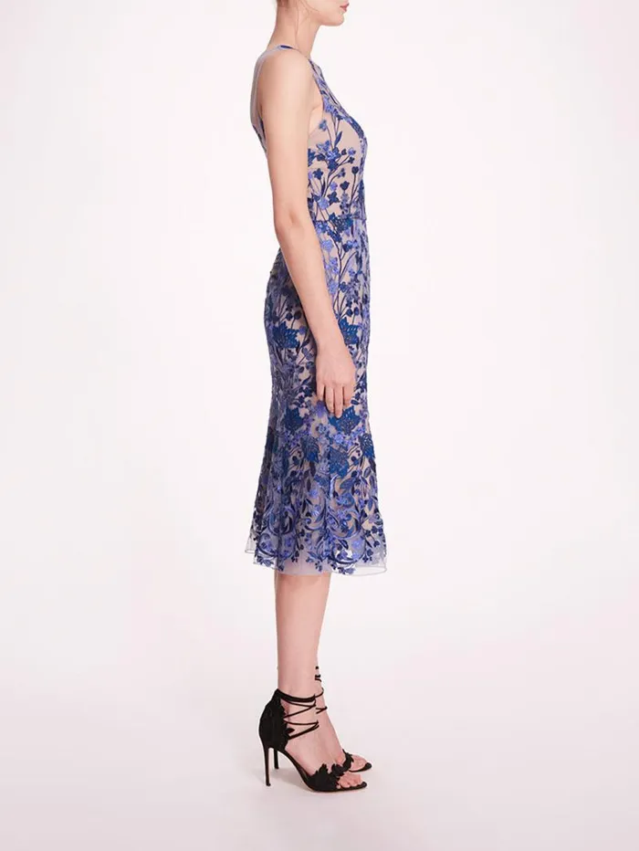 Women Marchesa Marchesa Notte Embroidered Tulle Midi Dress Blue