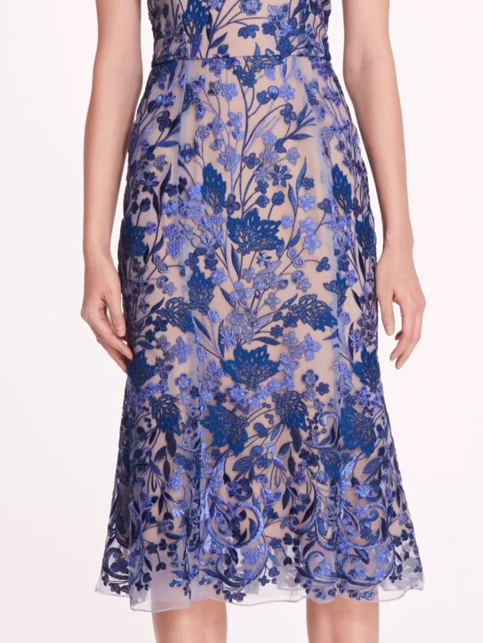 Women Marchesa Marchesa Notte Embroidered Tulle Midi Dress Blue
