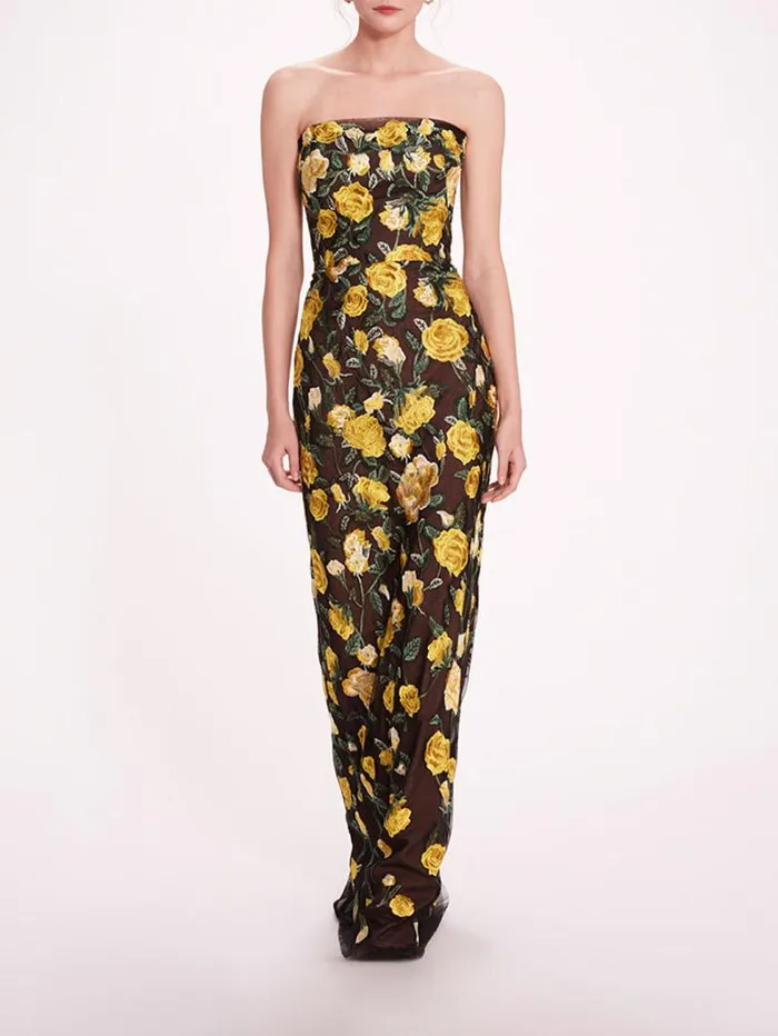 Women Marchesa Marchesa Notte Roses Tulle Gown Yellow Black