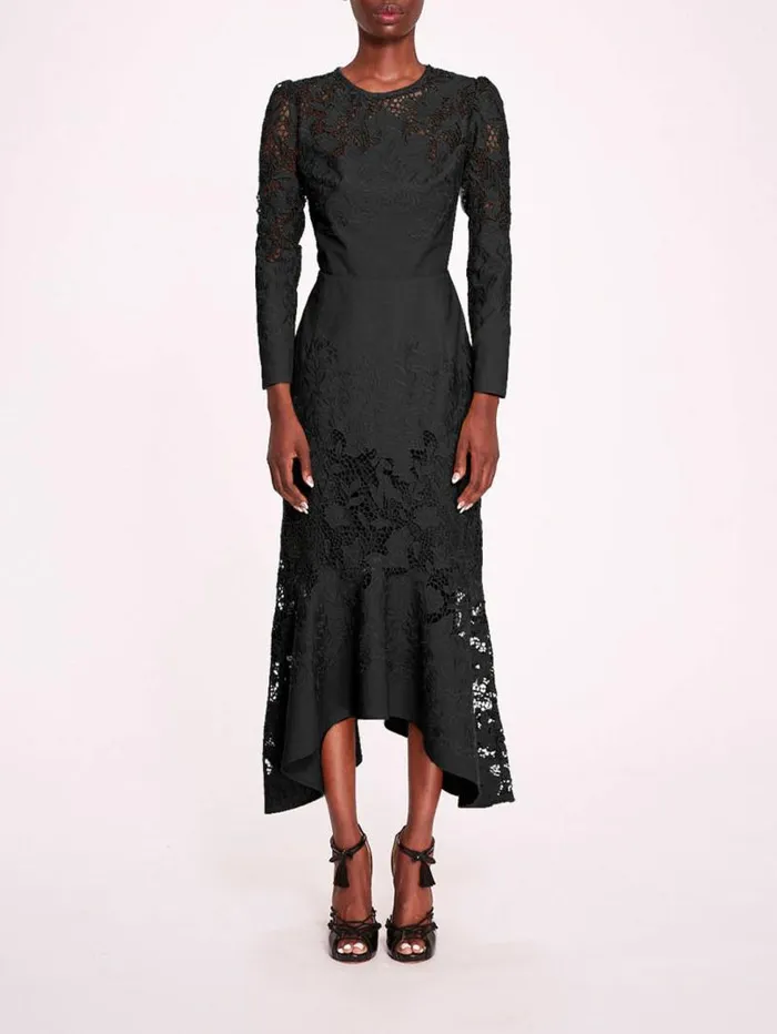 Women Marchesa Marchesa Rosa Linen Lace Maxi Dress Black
