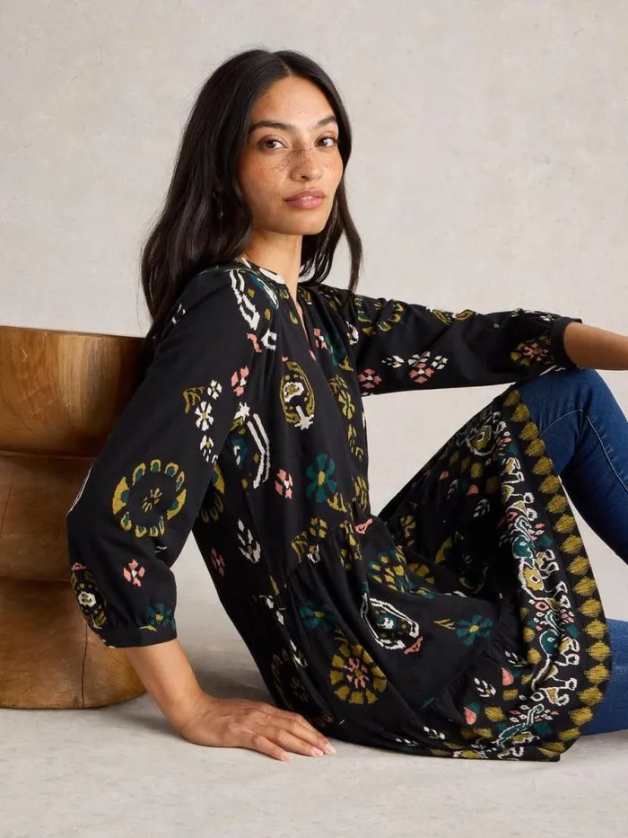 Women MARTA PRINTED COTTON TUNIC Black Print White Stuff Shirts and Blouses