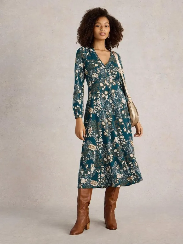 Women Megan Jersey Dress Teal Print White Stuff Dresses