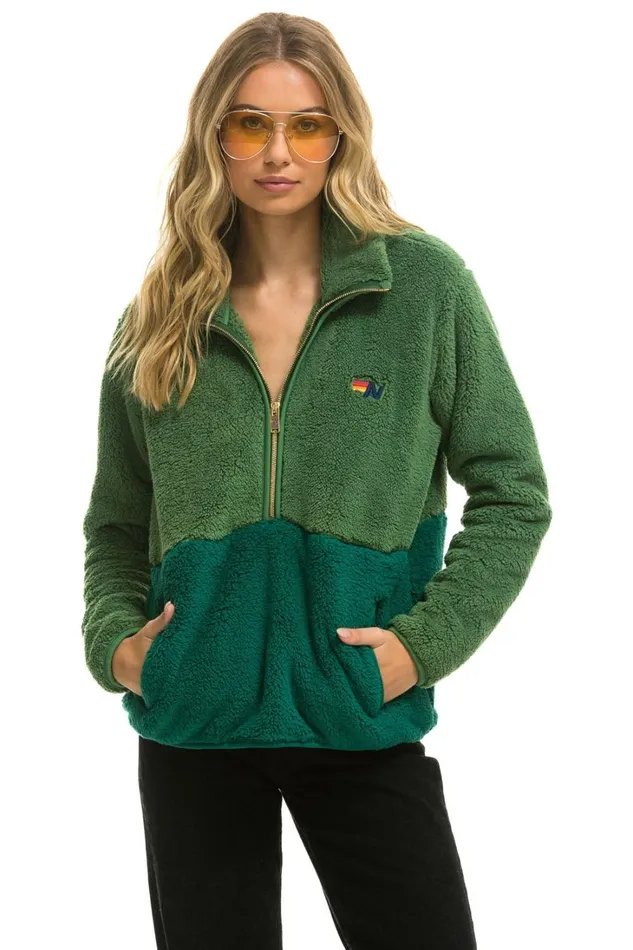 WomenMen Outerwear Aviator Nation TEDDY UNISEX HALF ZIP COLOR BLOCK JACKET 8211 GARDEN GREEN