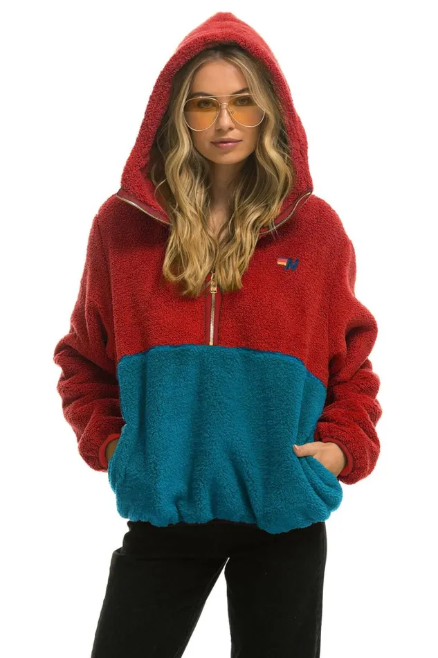 WomenMen Outerwear Aviator Nation TEDDY UNISEX HOODED HALF ZIP COLOR BLOCK JACKET 8211 CHERRY