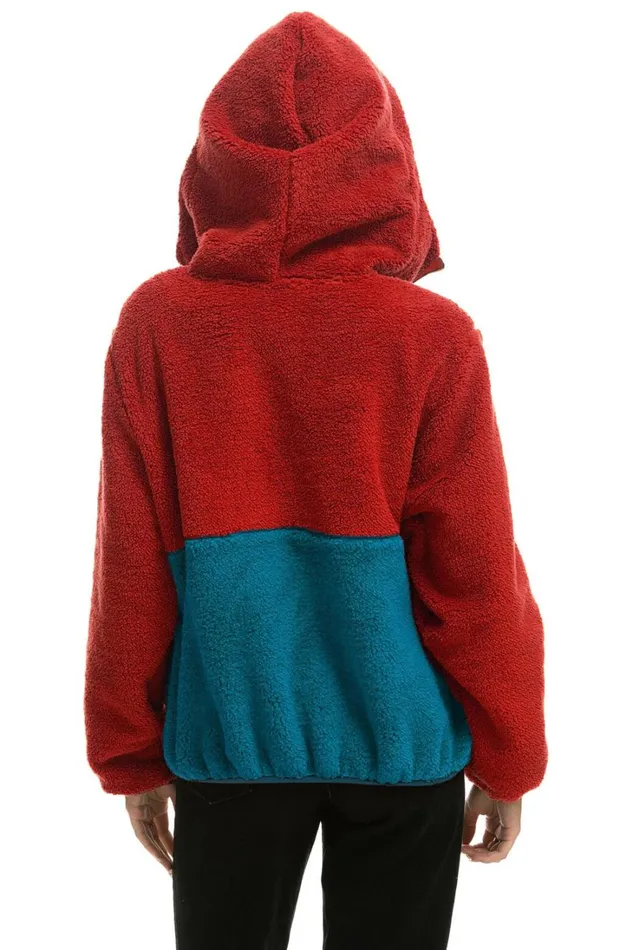 WomenMen Outerwear Aviator Nation TEDDY UNISEX HOODED HALF ZIP COLOR BLOCK JACKET 8211 CHERRY