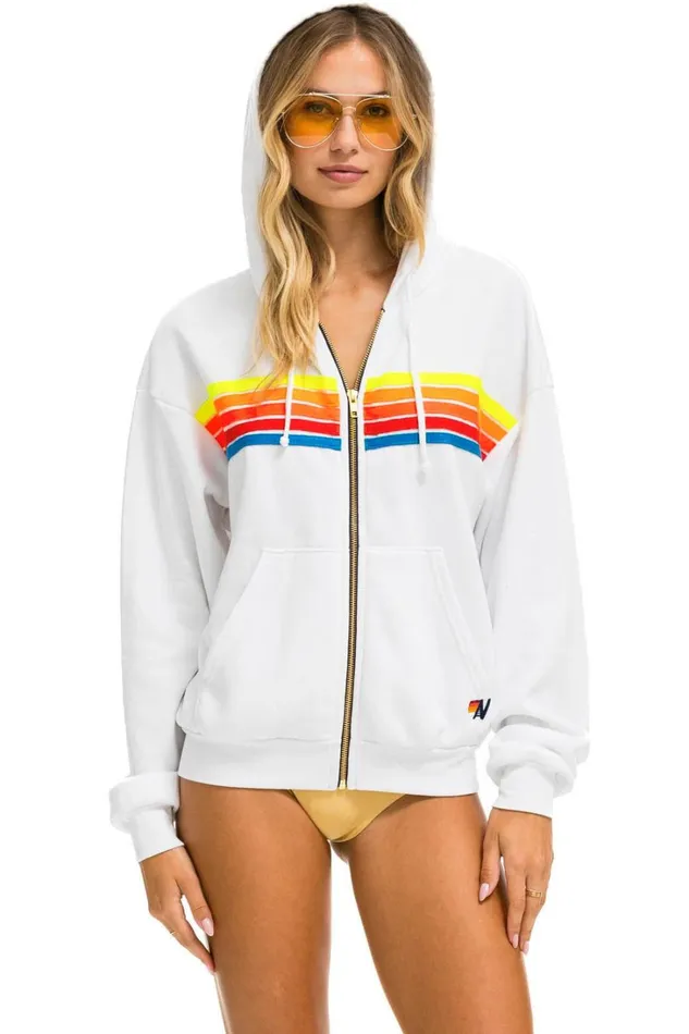 WomenMen Tops Aviator Nation 5 STRIPE RELAXED ZIP HOODIE 8211 WHITE NEON RAINBOW