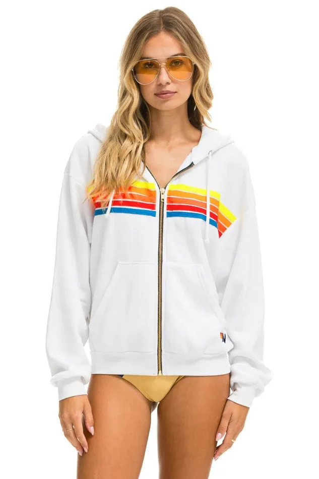WomenMen Tops Aviator Nation 5 STRIPE RELAXED ZIP HOODIE 8211 WHITE NEON RAINBOW WomenMen Tops Aviator Nation 5 STRIPE RELAXED ZIP HOODIE 8211 WHITE NEON RAINBOW