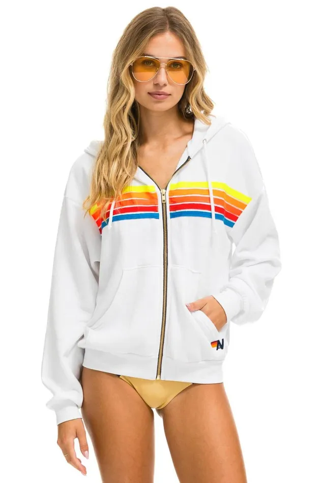 WomenMen Tops Aviator Nation 5 STRIPE RELAXED ZIP HOODIE 8211 WHITE NEON RAINBOW WomenMen Tops Aviator Nation 5 STRIPE RELAXED ZIP HOODIE 8211 WHITE NEON RAINBOW