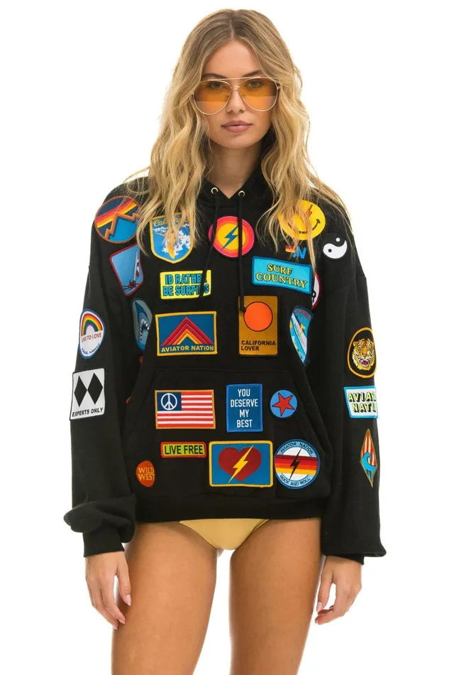 WomenMen Tops Aviator Nation VINTAGE PATCH RELAXED PULLOVER HOODIE BLACK