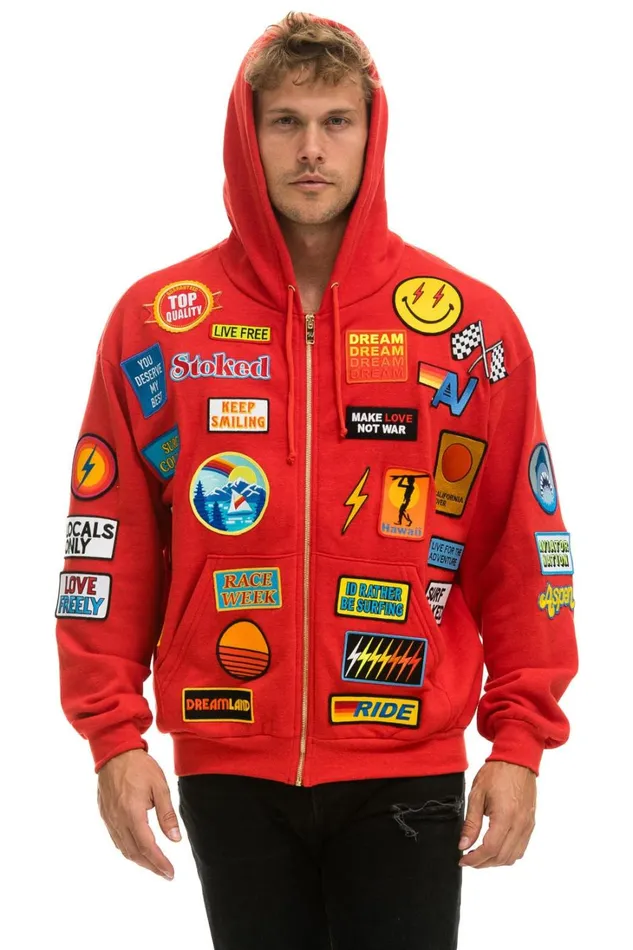 WomenMen Tops Aviator Nation VINTAGE PATCH ZIP HOODIE RELAXED 8211 RED WomenMen Tops Aviator Nation VINTAGE PATCH ZIP HOODIE RELAXED 8211 RED