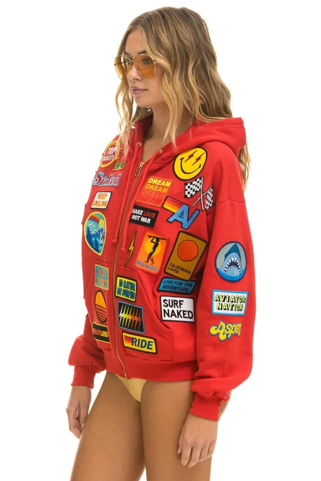 WomenMen Tops Aviator Nation VINTAGE PATCH ZIP HOODIE RELAXED 8211 RED WomenMen Tops Aviator Nation VINTAGE PATCH ZIP HOODIE RELAXED 8211 RED