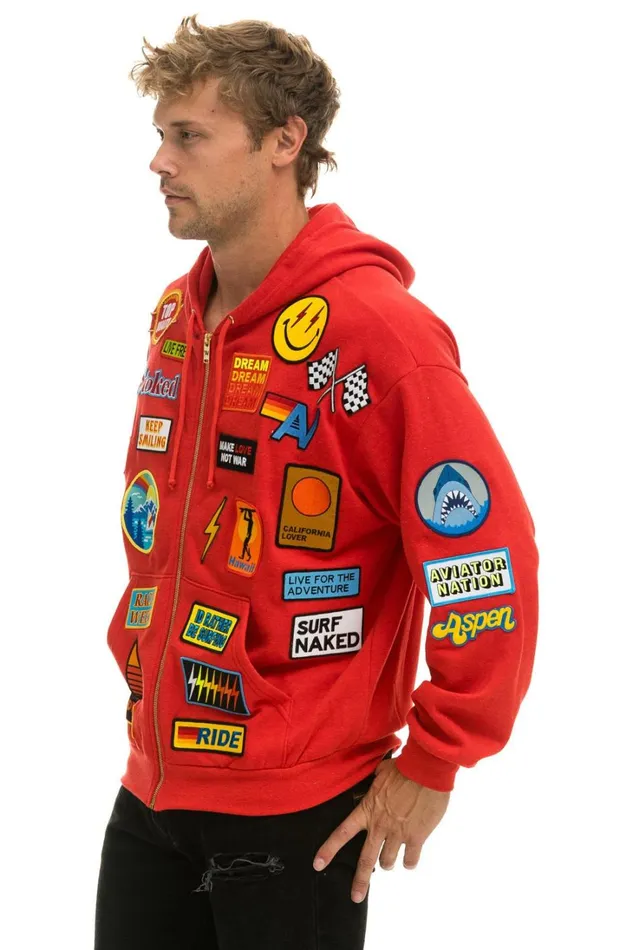 WomenMen Tops Aviator Nation VINTAGE PATCH ZIP HOODIE RELAXED 8211 RED WomenMen Tops Aviator Nation VINTAGE PATCH ZIP HOODIE RELAXED 8211 RED