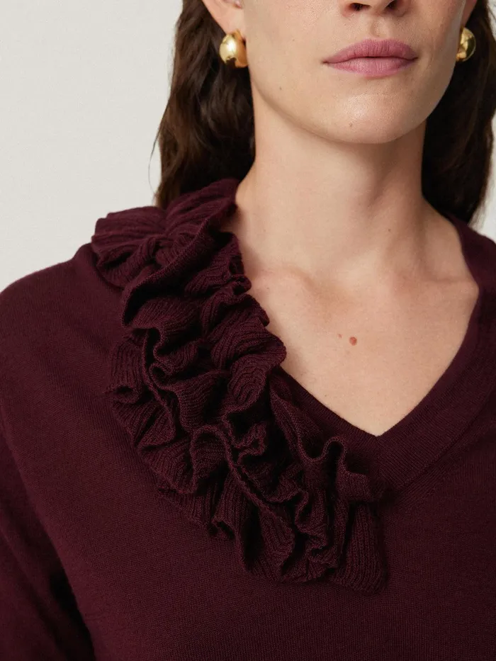 Women Merino Ruffle V Neck Jumper Burgundy Jigsaw Knitwear and Cashmere