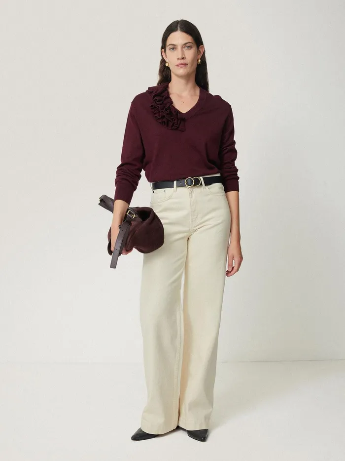 Women Merino Ruffle V Neck Jumper Burgundy Jigsaw Knitwear and Cashmere