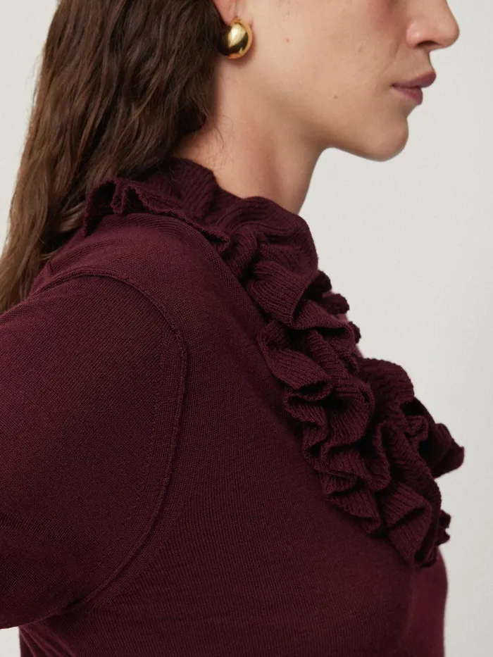 Women Merino Ruffle V Neck Jumper Burgundy Jigsaw Knitwear and Cashmere