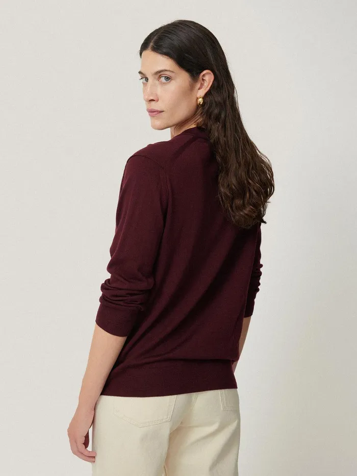 Women Merino Ruffle V Neck Jumper Burgundy Jigsaw Knitwear and Cashmere