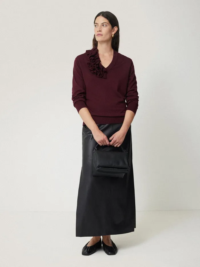 Women Merino Ruffle V Neck Jumper Burgundy Jigsaw Knitwear and Cashmere