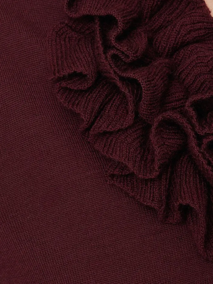 Women Merino Ruffle V Neck Jumper Burgundy Jigsaw Knitwear and Cashmere