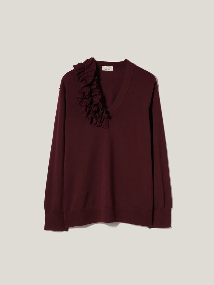 Women Merino Ruffle V Neck Jumper Burgundy Jigsaw Knitwear and Cashmere