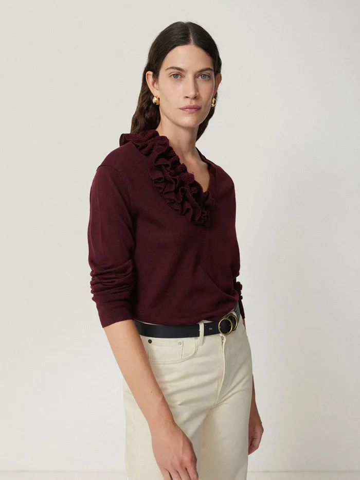 Women Merino Ruffle V Neck Jumper Burgundy Jigsaw Shirts and Tops