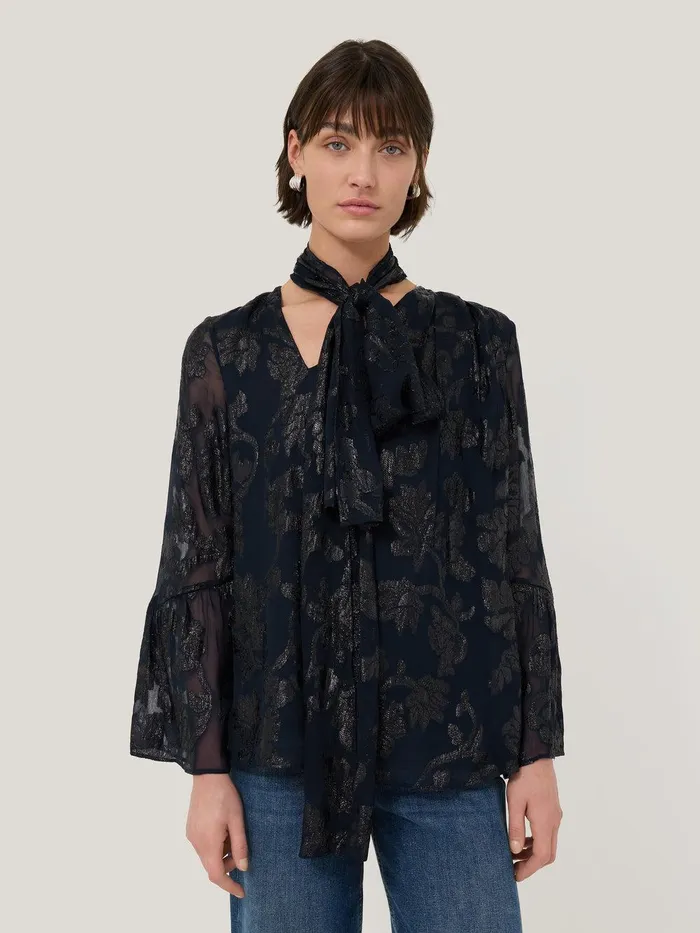Women Metallic Jacquard Top Navy Jigsaw Party
