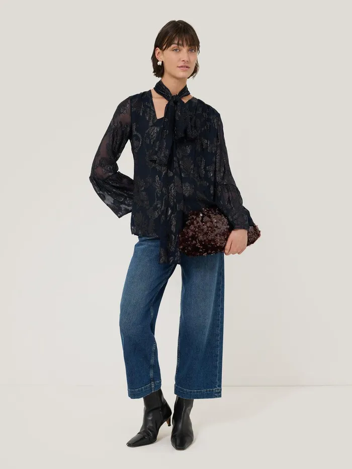 Women Metallic Jacquard Top Navy Jigsaw Party