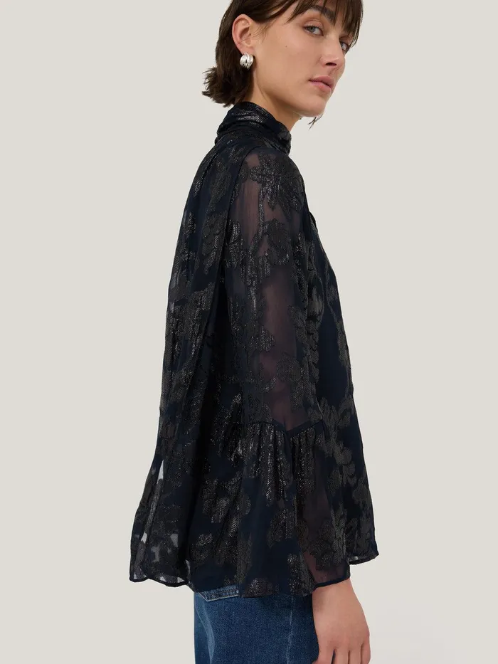 Women Metallic Jacquard Top Navy Jigsaw Party