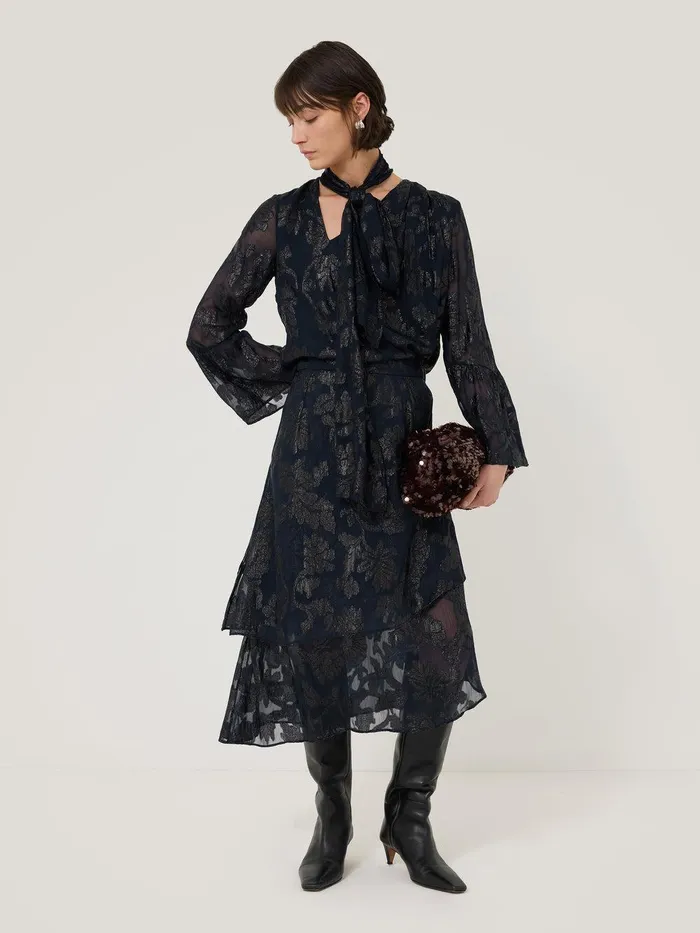 Women Metallic Jacquard Top Navy Jigsaw Party